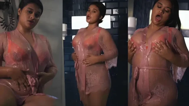 Desi Babe Teasing In Pink Lace Robe See Through Boobs Bathtub